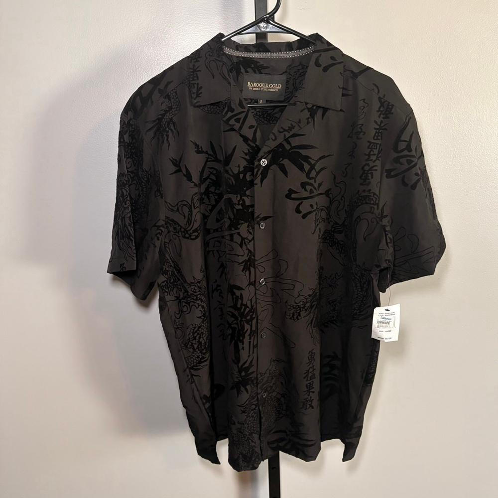 Men's BAROQUE GOLD Black Dragon Print Casual Button Down Shirt L‎
